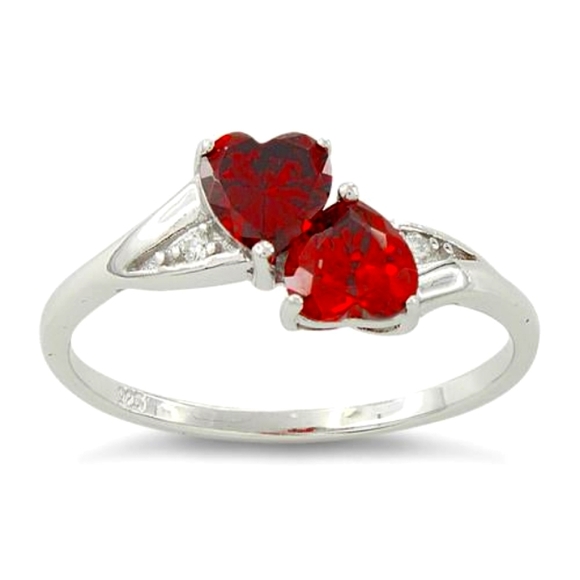 Jewelry - Sterling Silver Double Heart Garnet CZ Ring